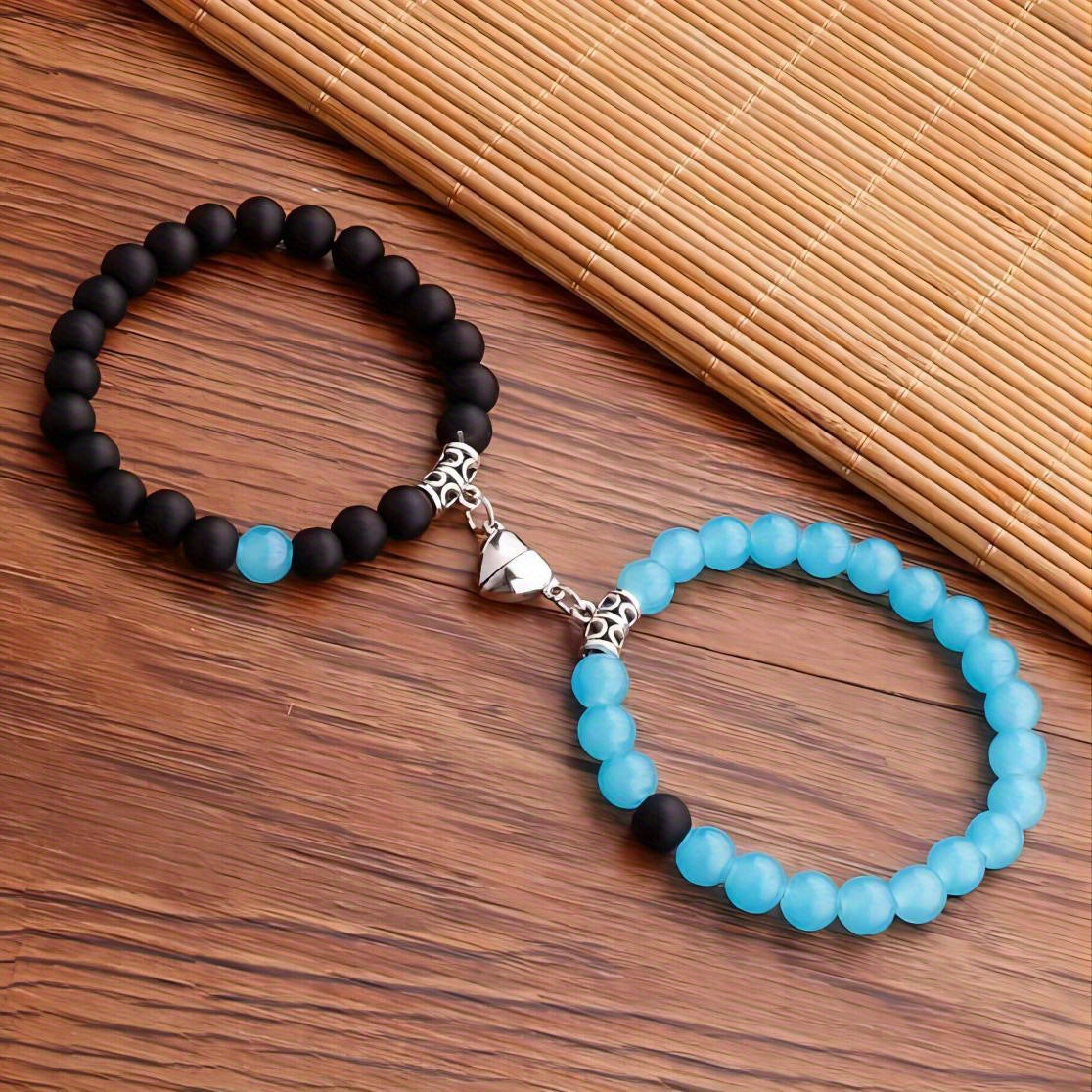 Magnetic Couple Bracelet with Stone Beads Heart Design