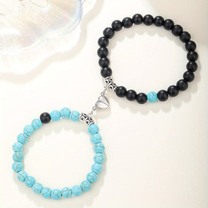 Magnetic Couple Bracelet with Stone Beads Heart Design