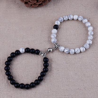 Magnetic Couple Bracelet with Stone Beads Heart Design