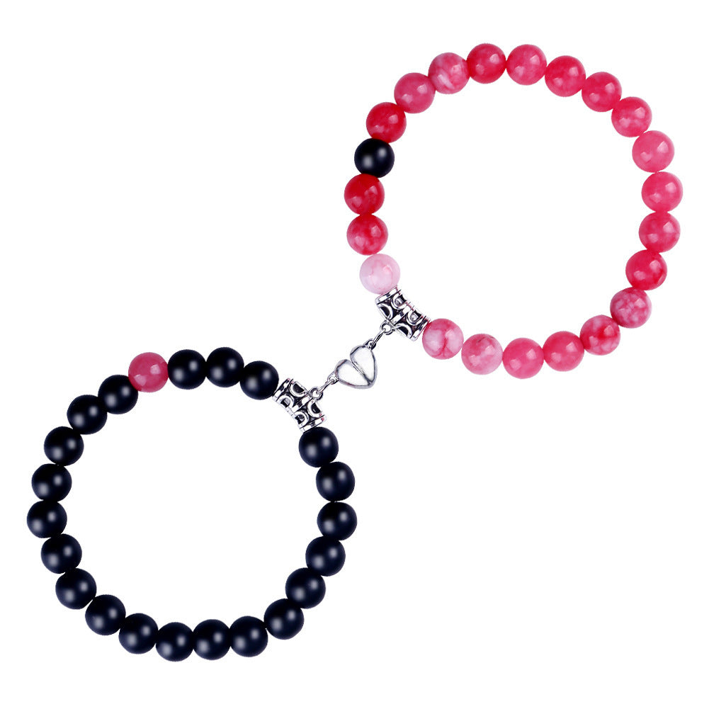 Magnetic Couple Bracelet with Stone Beads Heart Design