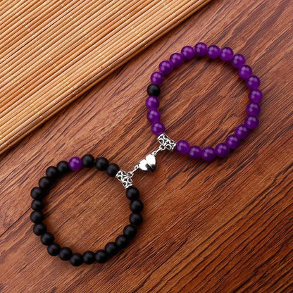 Magnetic Couple Bracelet with Stone Beads Heart Design