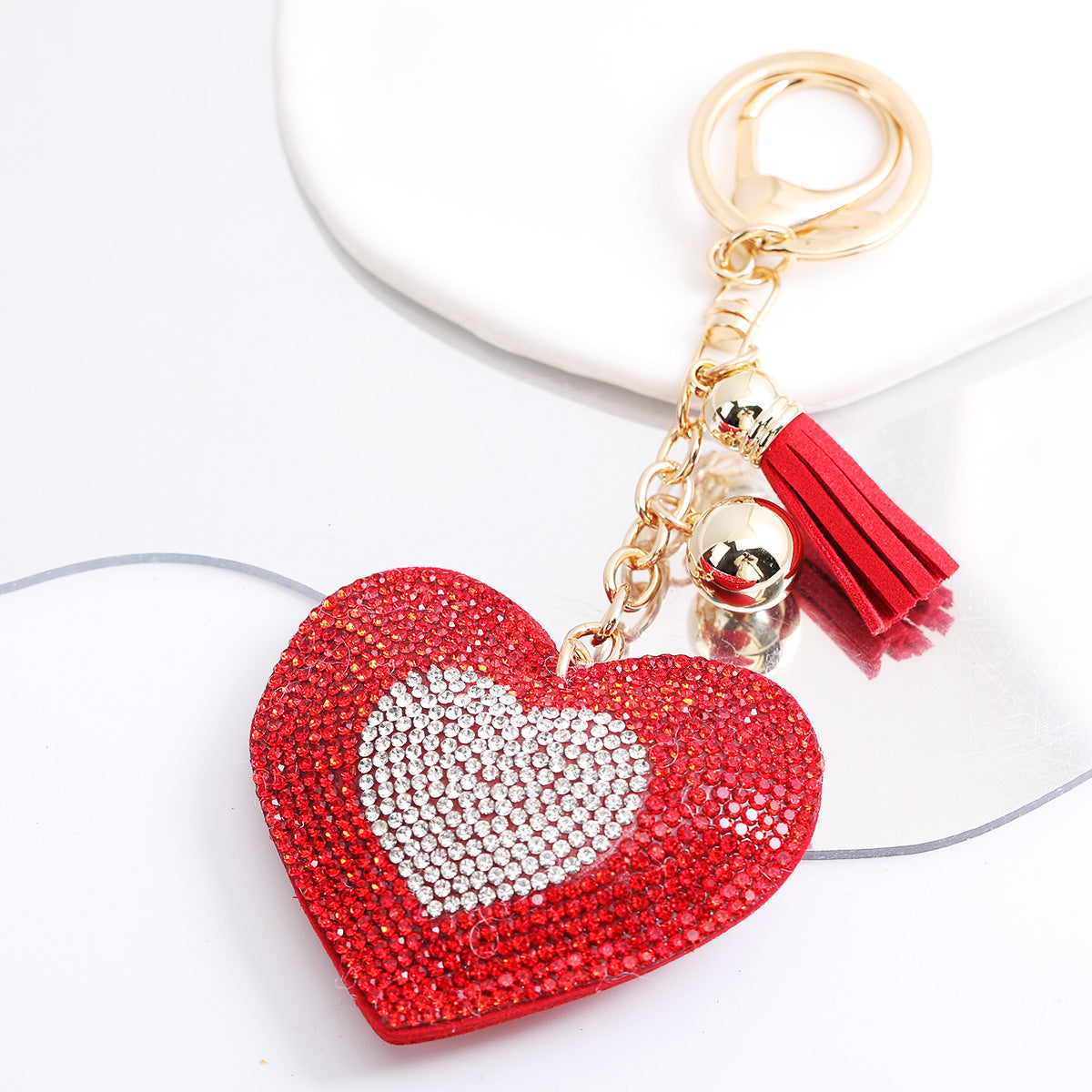 Korean Velvet Diamond Love Heart Tassel Keychain