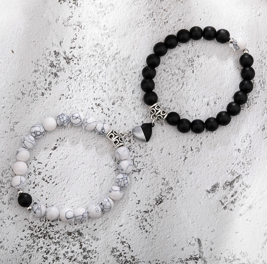 Magnetic Couple Bracelet with Stone Beads Heart Design