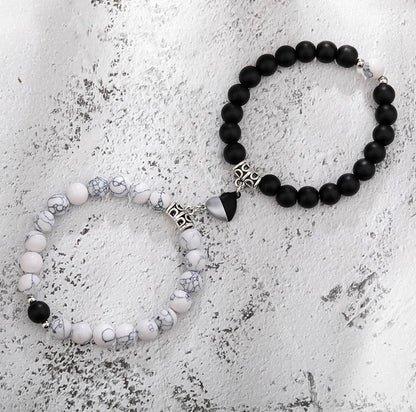 Magnetic Couple Bracelet with Stone Beads Heart Design