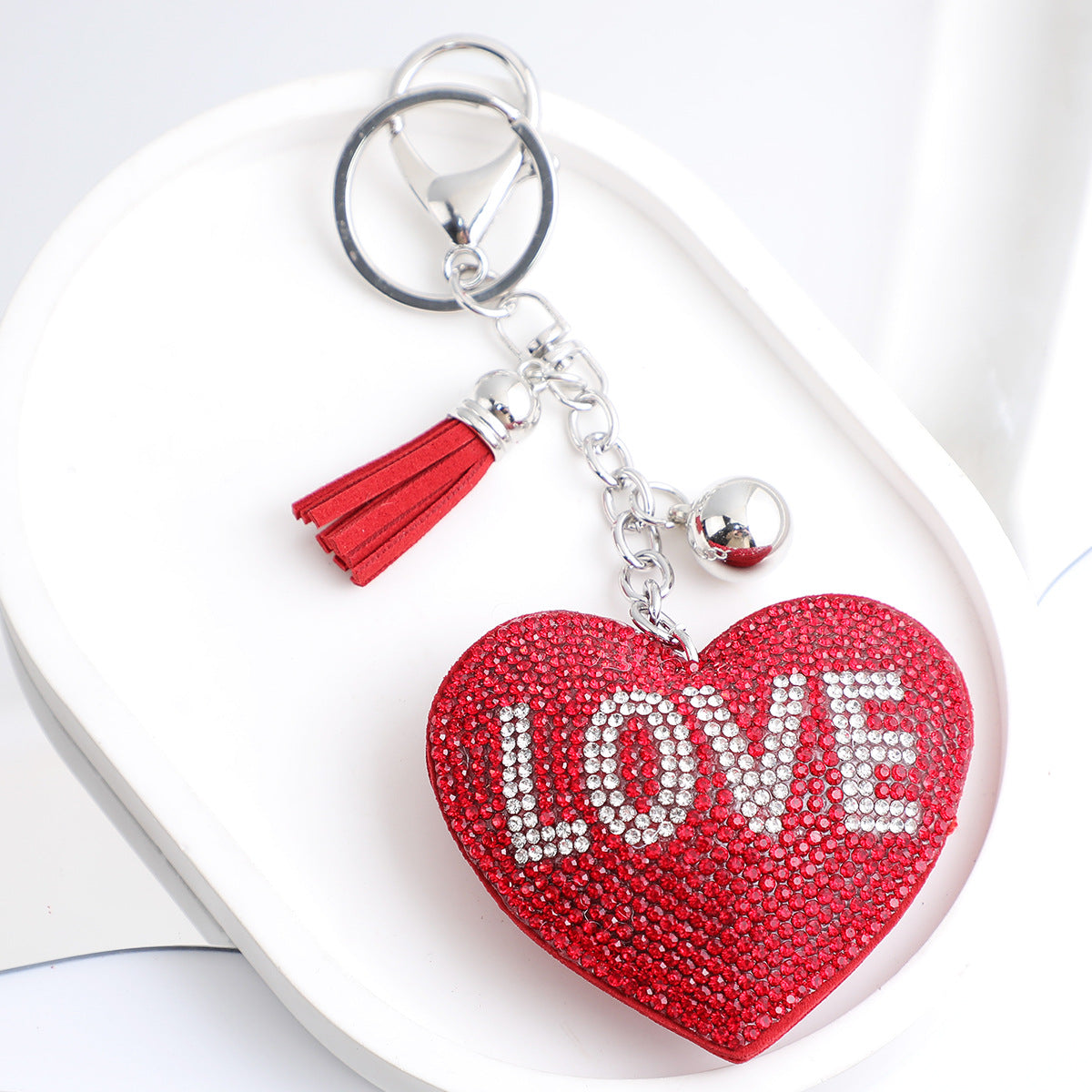 Korean Velvet Diamond Love Heart Tassel Keychain