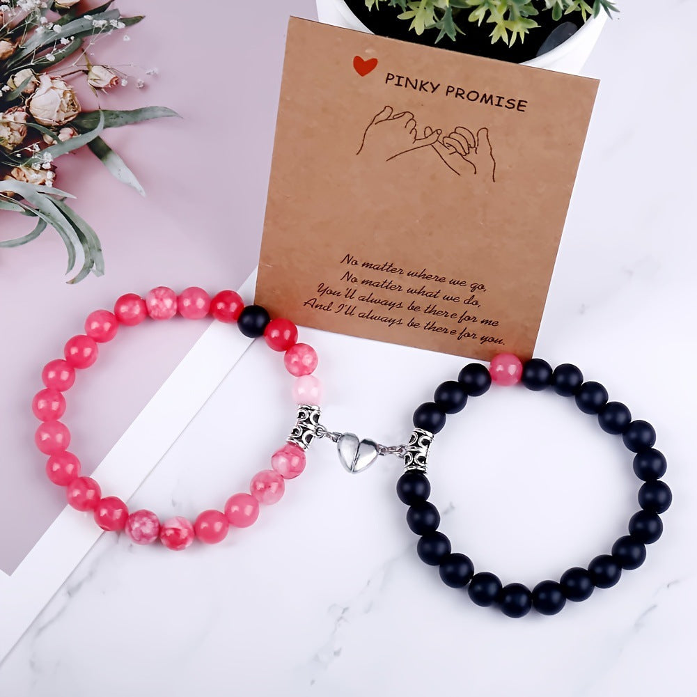 Magnetic Couple Bracelet with Stone Beads Heart Design