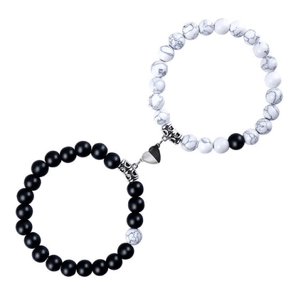 Magnetic Couple Bracelet with Stone Beads Heart Design