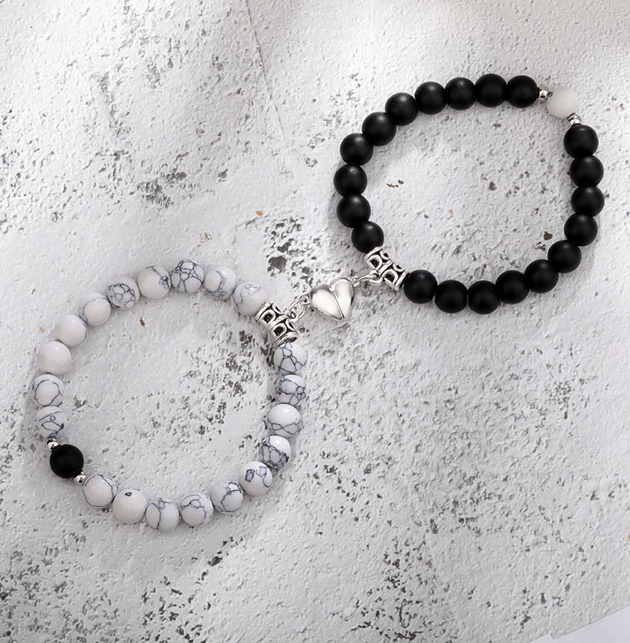 Magnetic Couple Bracelet with Stone Beads Heart Design