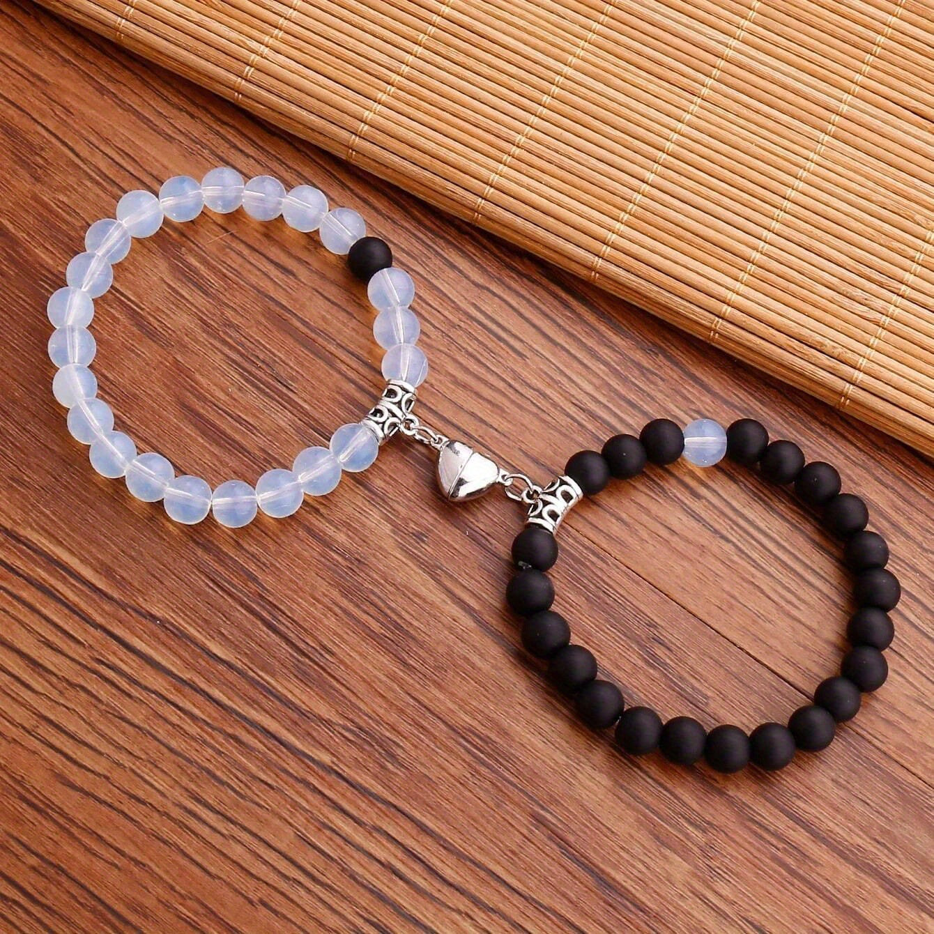 Magnetic Couple Bracelet with Stone Beads Heart Design