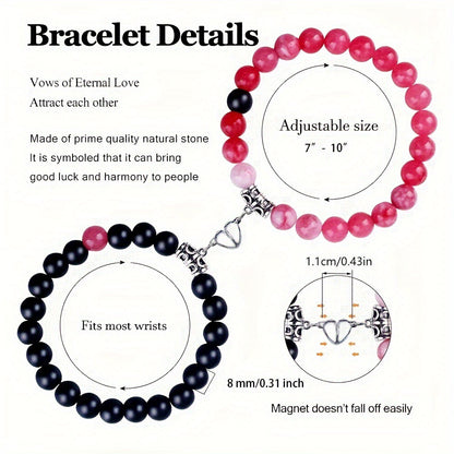 Magnetic Couple Bracelet with Stone Beads Heart Design
