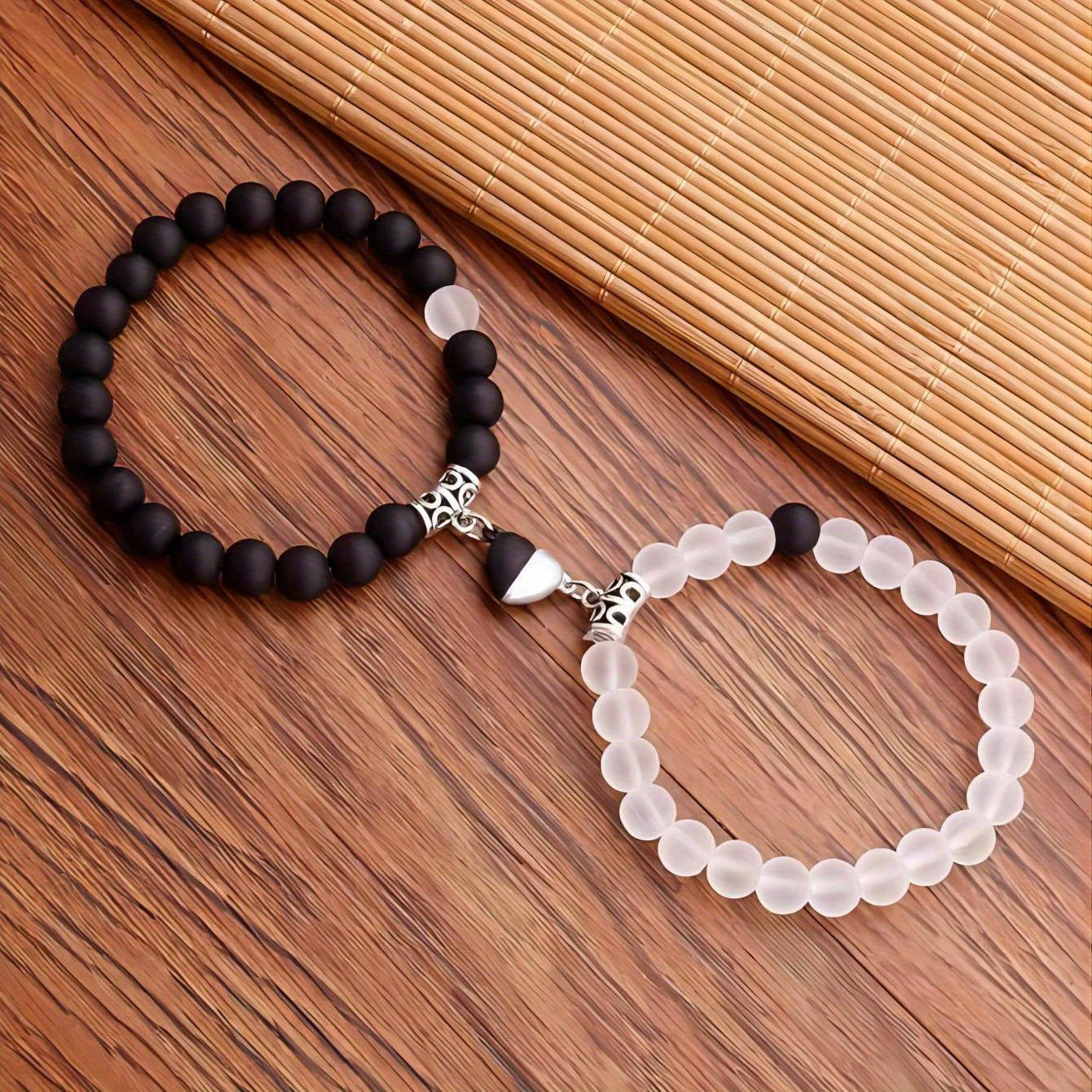 Magnetic Couple Bracelet with Stone Beads Heart Design