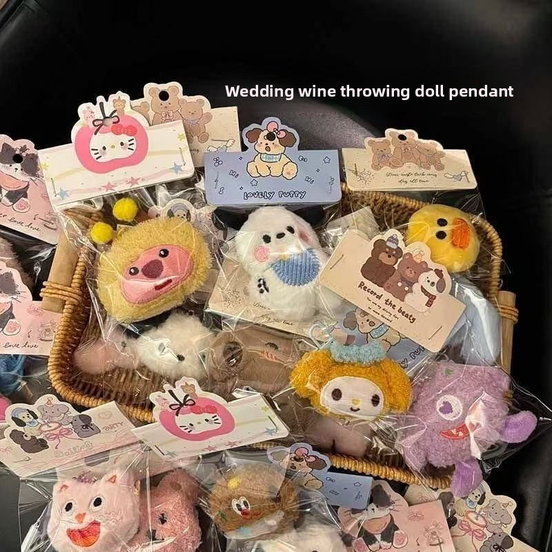 plush doll keychains featuring cute designs in a woven basket, perfect for gifts or decorations.
